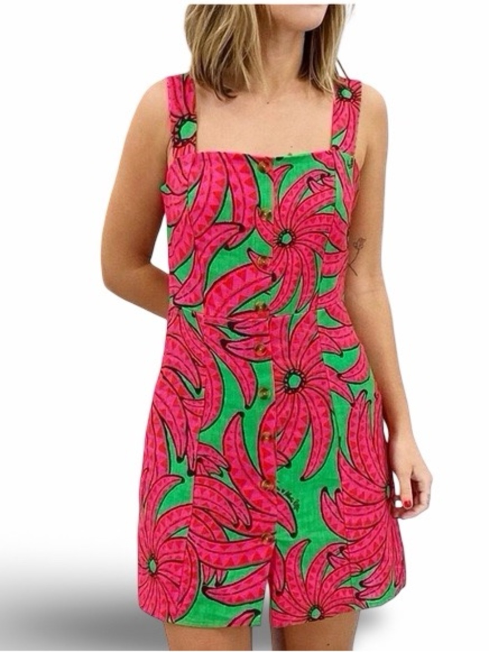 NWT FARM RIO Banana Pitta Linen Red Green Mini Dress Sz L
